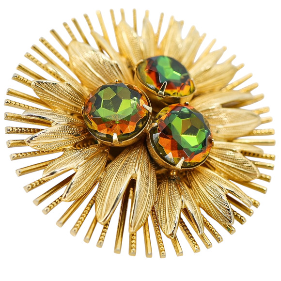 Large Vintage Watermelon Glass Rhinestone Brooch - Starburst Design - Picture 7 of 11